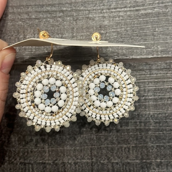 Bohemian Beaded Crystal Gem Boho Summer Vacation Hanging Earrings White and Gold - Picture 4 of 8